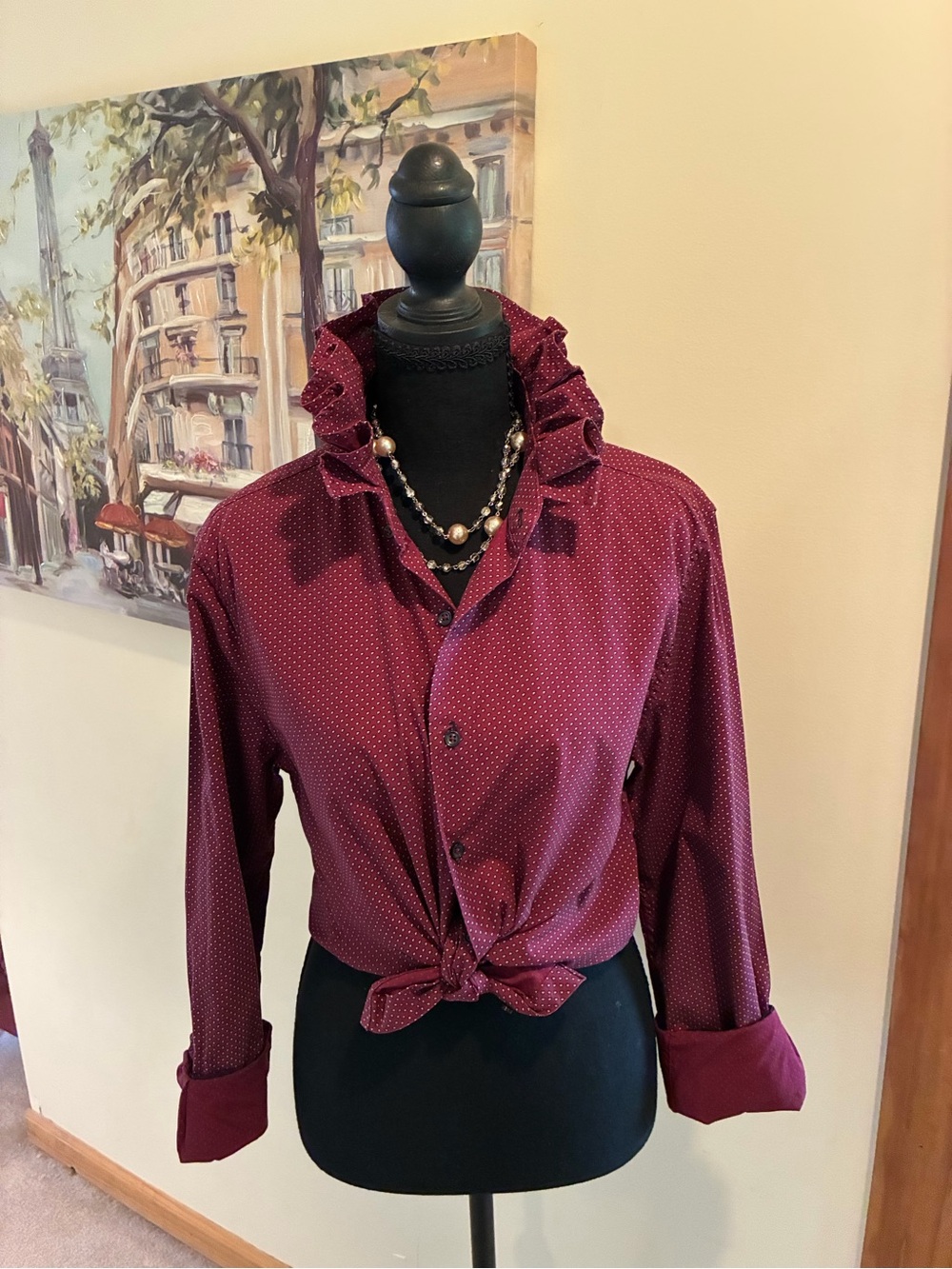 Denim & Flower Burgundy Dot Ruffle-Collar Button-Down